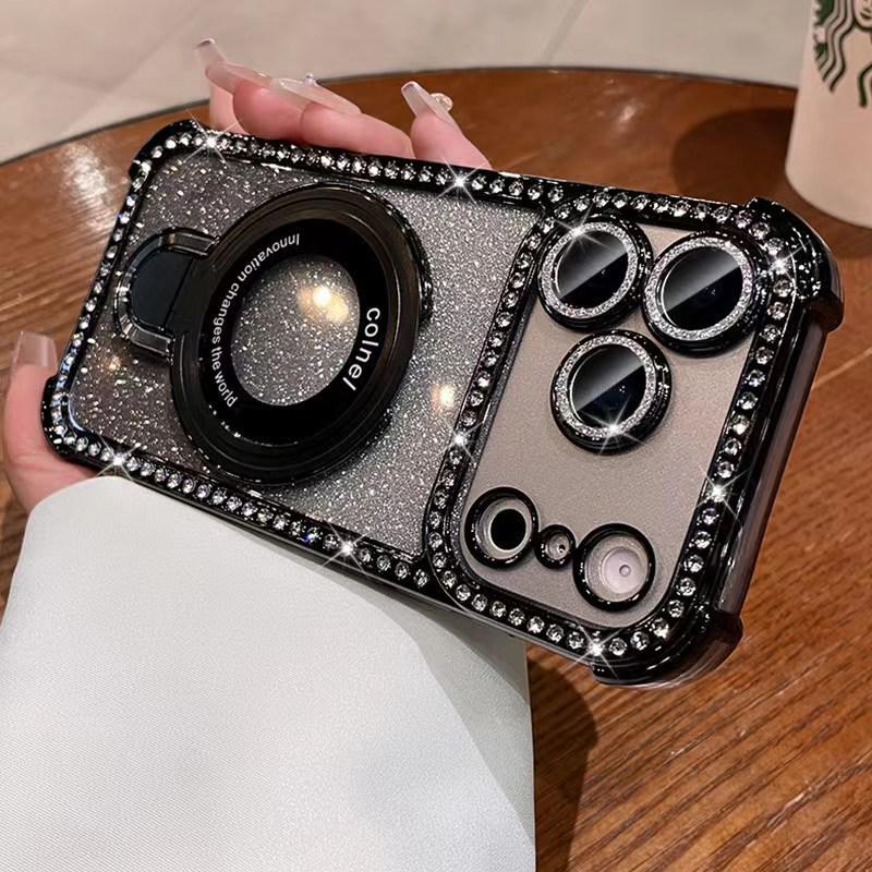 Compatible with iPhone 17 PRO MAX case: rhinestone edge, glitter finish, magnetic stand, Apple 16 fit, airbag protection, drop-proof, soft design.