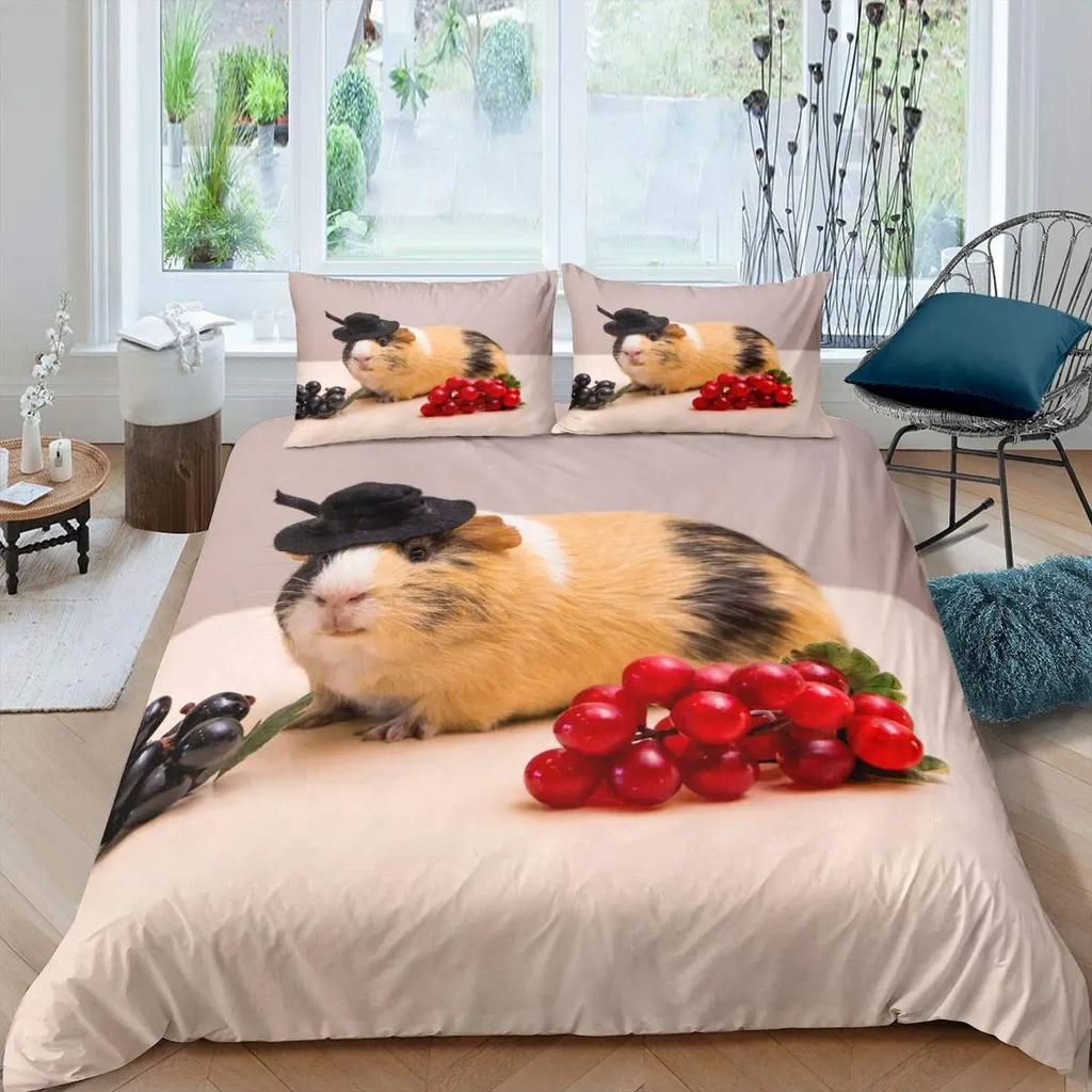 Guinea Pig Duvet Cover Set Cute Cavy Pattern Bedding Set Animal Quilt Cover for Boys Girls Garden Nature Polyester Bedding Set