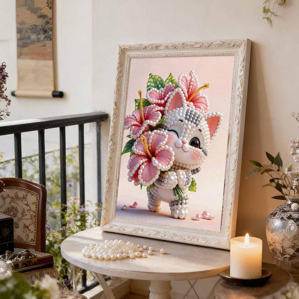 5D DIY Frameless Pearl Painting Flowers and Cats Pattern Painting Kit, Suitable for Home Living Room Bedroom and Other Wall Decoration Art Paintings