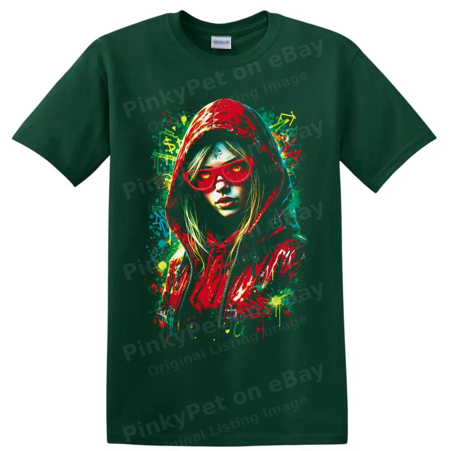 Graffiti Hooded Woman T Shirt W/ Neon Street Art Portrait Graphic Urban Pop Tee