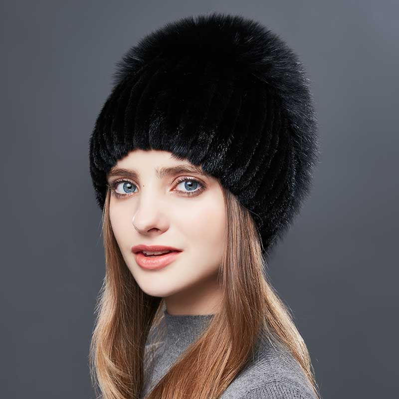 Fox Fur Pom Beanie Hat Real Mink Fashion Warm Winter Knitted Hats for Women Real Fur Beanie Hat With Fox Fur Pom