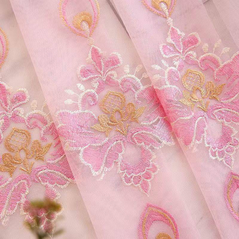 European Beaded Embroidered Sheer Curtains, Grommet Top with Thermal Insulation, for Living Room and Bedroom Decor, Elegant Floral Pattern