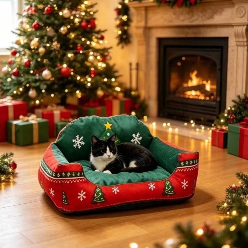 Washable Cat Sleeping Mat Soft Plush Warm Cat House Christmas Pet Sofa Bed Festival