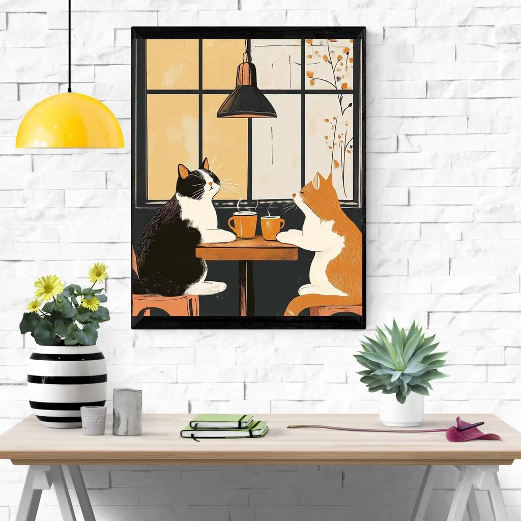Funny Cat Coffee Wall Art for Tabby and Tuxedo Cat Owners Vintage Cat Cafe Print Black Cat Coffee Poster Unique Funny Animal Kit