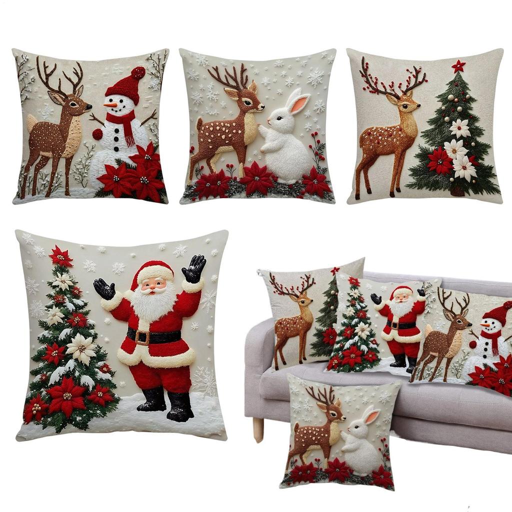 4pcs Christmas Pillow Covers Elk Bunny Decoration Skin-Friendly Soft Pillowcase Linen Pillow Couch Pillow Covers 45x45cm