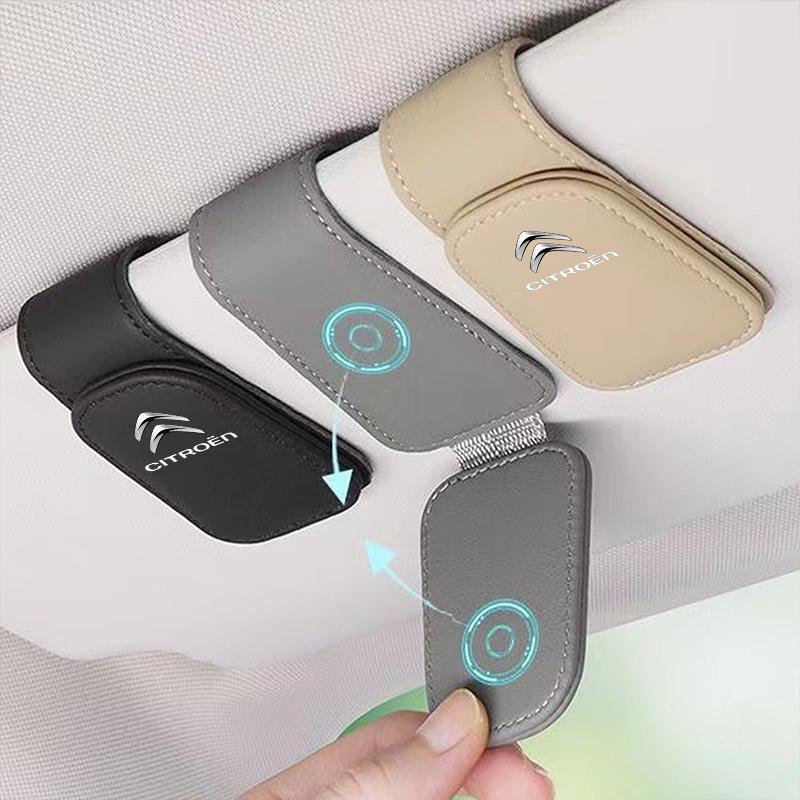YKFEA1 Car Visor Glasses Clip Magnetic Leather Sunglasses Holder For Citroen e-C3 e-C4 C5X C3 C1 C-Elysee C4 Aircross Cactus Picasso