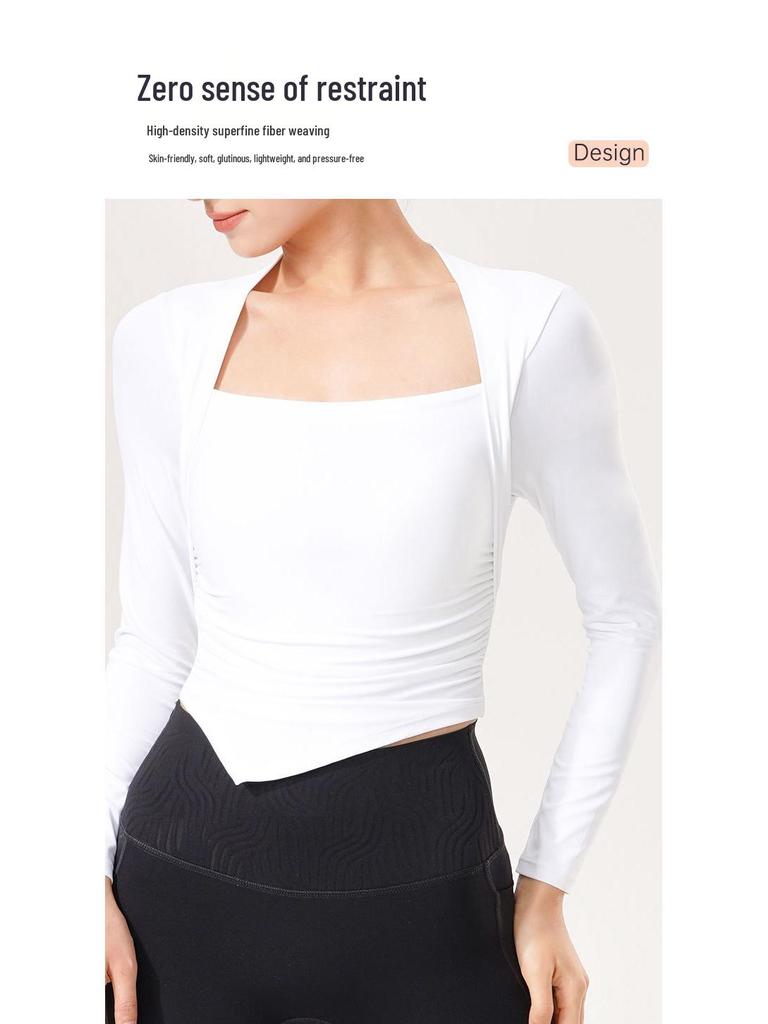 Women's Long-Sleeve Yoga Suit with Padded Waterdrop Cup and Ruched Slim-Fit Sports Top