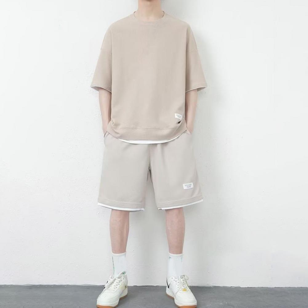 2-teiliges/Set Herren Sommer Sportanzug O-Ausschnitt Kurzarm T-Shirt Elastische Taille Verstellbarer Kordelzug Weitbein-Shorts Set Waffeltextur