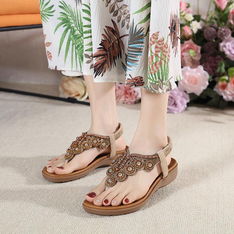 2024 Summer New Bohemian Style Pinch Foot Beaded Rhinestone Buckle Elastic Heel Rubber Band Women's Shoes SKT