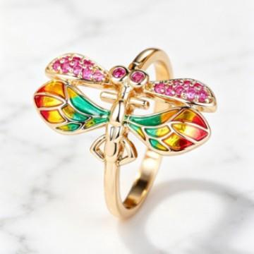Luxury Animal Female Rainbow Stone Engagement Dragonfly Ring Vintage Gold Color Wedding Fashion Jewelry for Women