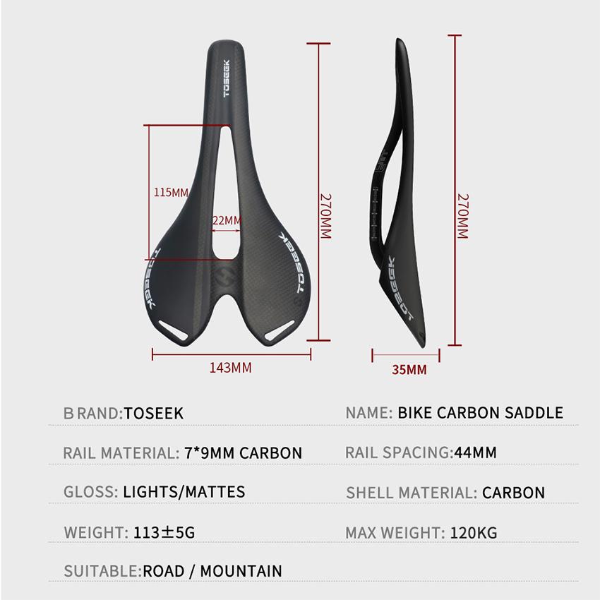 TOSEEK Carbon Sattel 7x9mm Streben Rennrad Mountainbike Sitz Atmungsaktiv Ultraleicht Professionelle Rennrad Ausrüstung