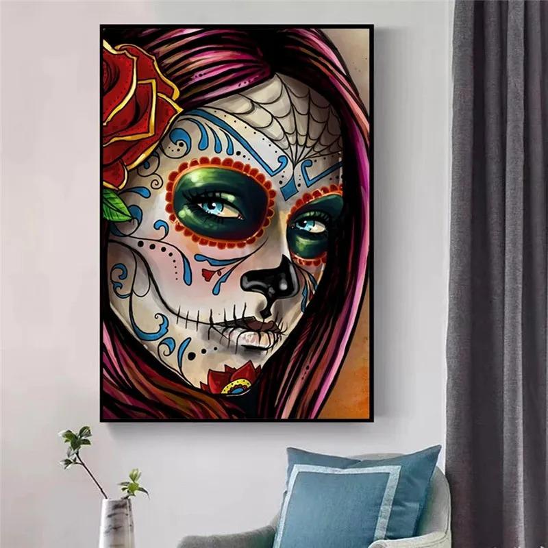 Abstract Tattoo Skull Woman Face Canvas Wall Art Painting On Wall Decor Poster And Prints Picture Cuadros For Home Living Room