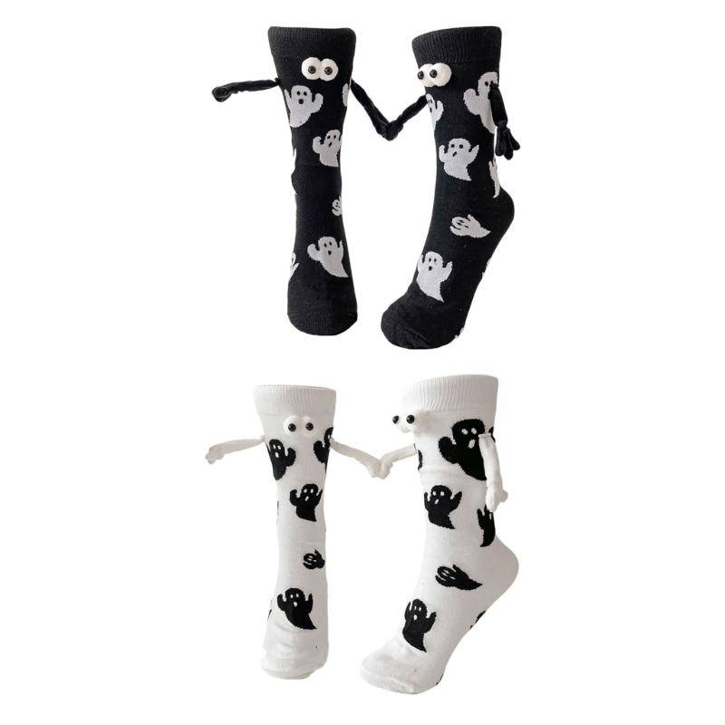 Halloween Themed Magnetic Link Socks Soft Unisex Short Socks With Ghosty Pumpkin Patterns Practical Polyester