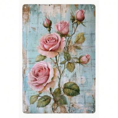 Vintage Floral Metal Tin Sign Pink Roses Green Leaves Wall Art 8x12 Inch Home Decor