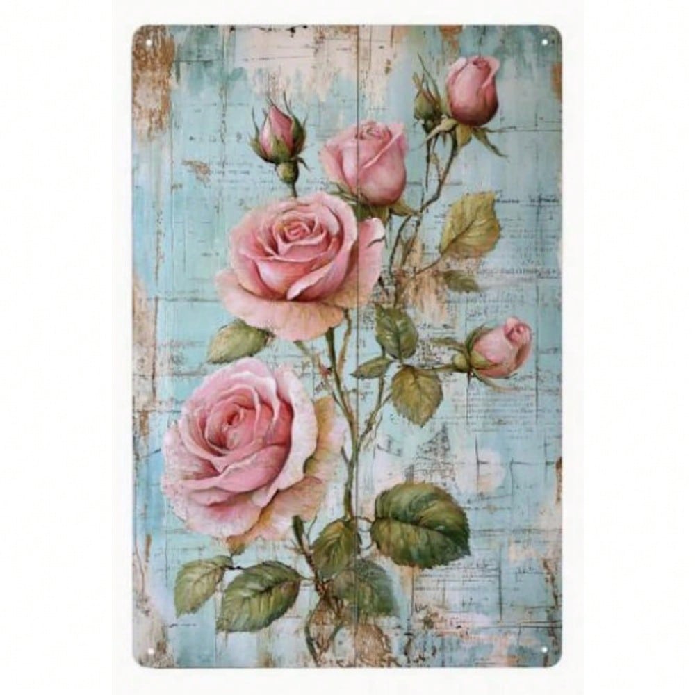 Vintage Floral Metal Tin Sign Pink Roses Green Leaves Wall Art 8x12 Inch Home Decor