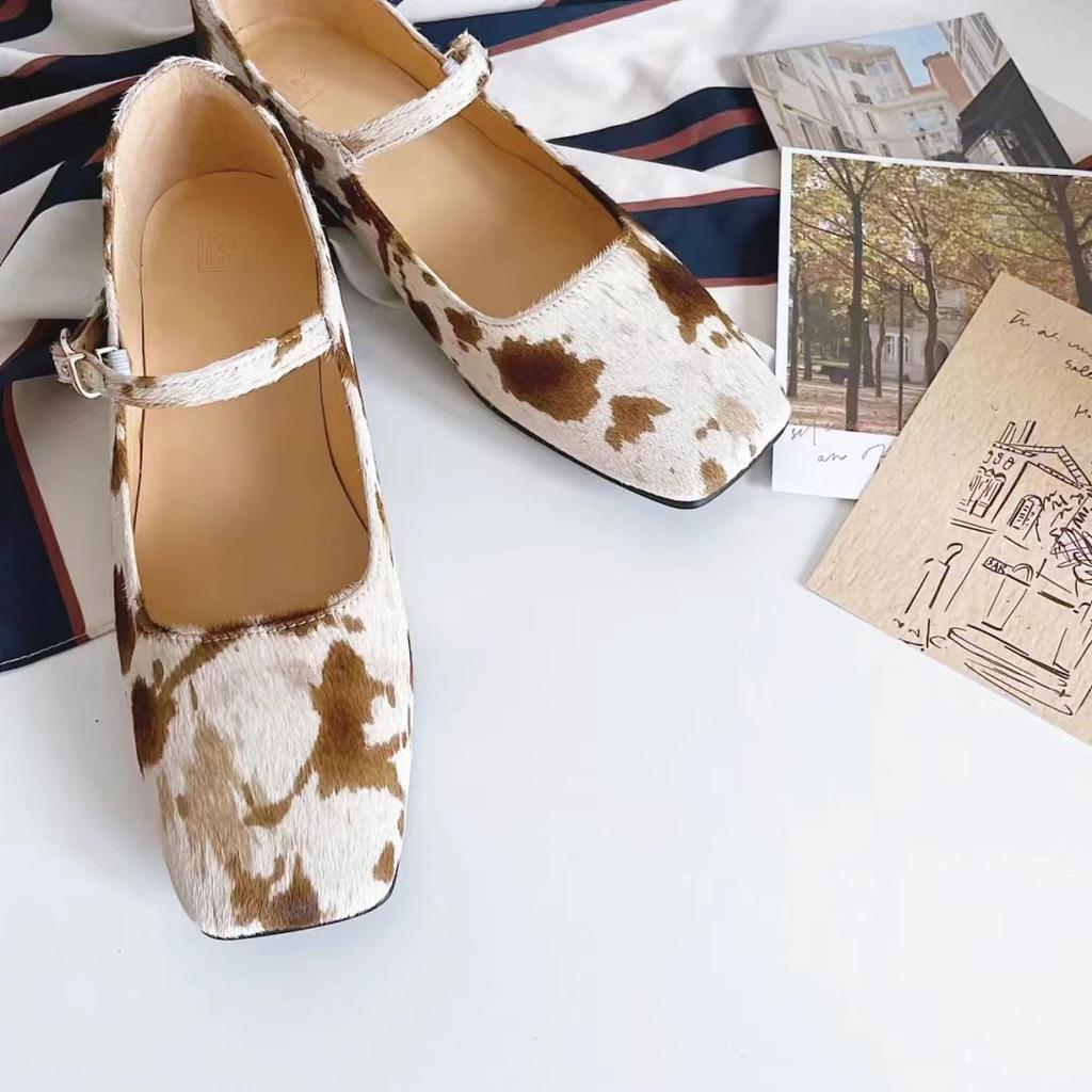 Mary Jane Women's Shoes Fashionable High-end Spot Polka Dot Horsehair Flat Bottom One-word Buckle Belt Middle Heel Light Mouth Single Shoes Square He