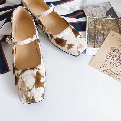 Mary Jane Women's Shoes Fashionable High-end Spot Polka Dot Horsehair Flat Bottom One-word Buckle Belt Middle Heel Light Mouth Single Shoes Square He