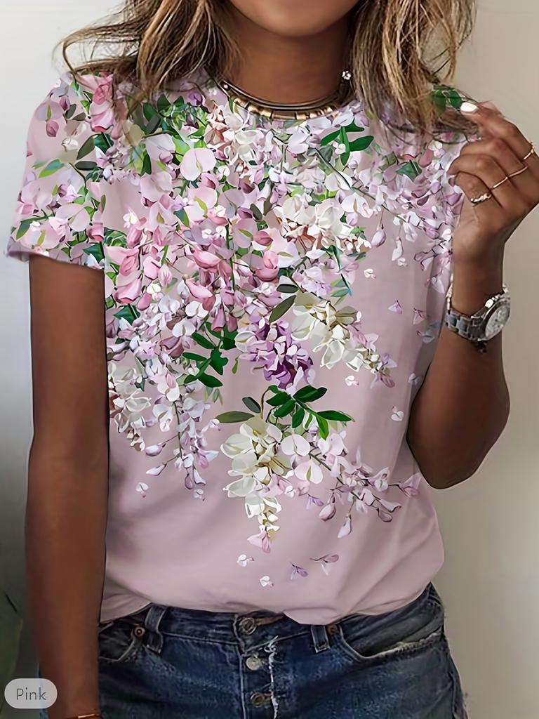 Elegant and Fashionable Colorful Rose Print Round Neck Ladies T-shirt Summer All-match Refreshing T-shirt