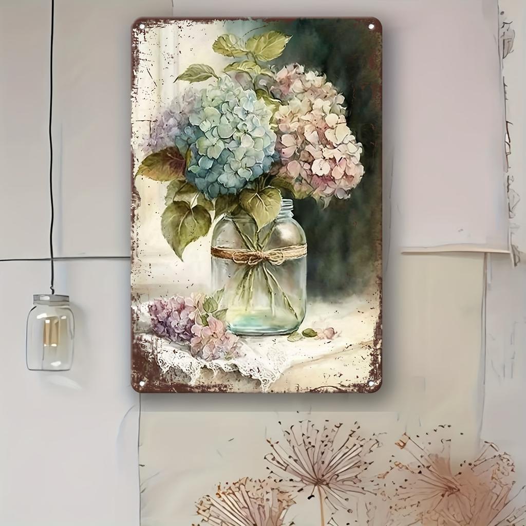 Vintage Hydrangea Flowers Art Decorative Metal Sign - Waterproof Wall Hanging Plaque for Home, Garden, Farmhouse - English Langu