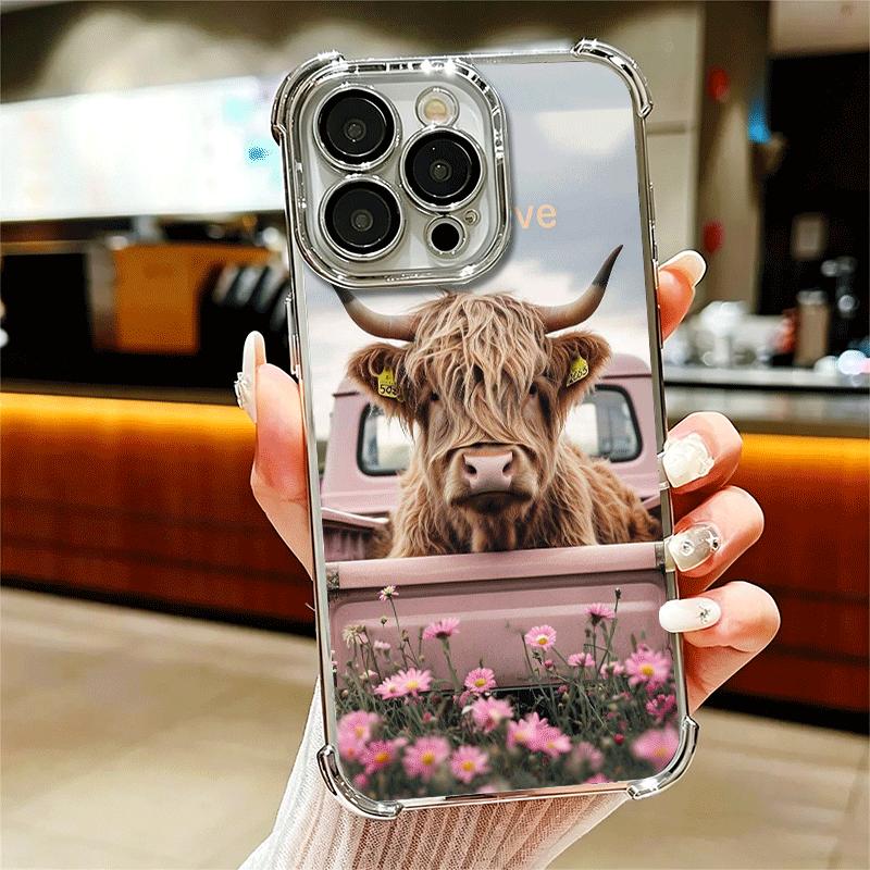 Cute Highland Cow Plating Phone Case For Iphone 16 17 Pro Max Air 16E 14 15 Plus 12 13 Mini Anti-Fall Airabag Cover
