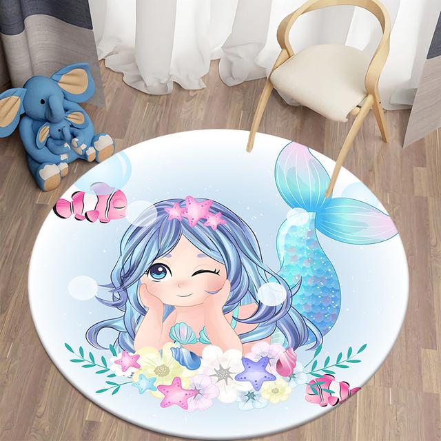 Cartoon Mermaid Pattern Round Carpet Living Room Anti -Slip Carpet Family Bedroom Decorative Floor Mats Children 'S Room Soft Mats