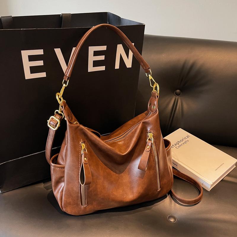 New Retro Handbag Bag Women's Bag Trendy Commuter Tote Bag Double Zipper Oily Leather Shoulder Messenger Bag