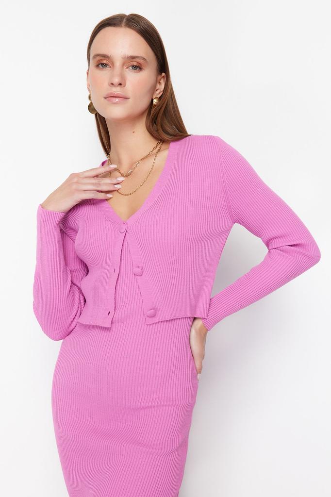 Women's Style Dress Pink Fitted Midi Knitwear Cardigan Dress Set