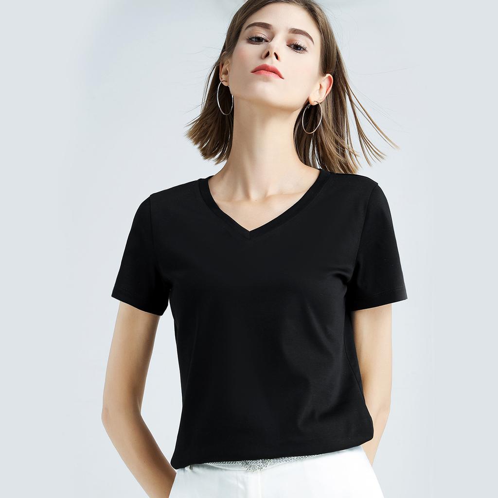 Skin-friendly support cool feeling double mercerized cotton slim fit solid color simple female slim short sleeve, white T