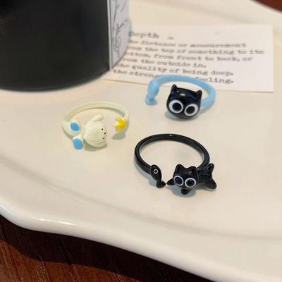 Funny Black Kitten Little Black Open Ring Niche Cute Student Versatile Couple Ring