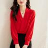 Spring Autumn Elegant Fashion V-neck Red Shirt Women Long Sleeve Casual All-match Chiffon Blouse Top
