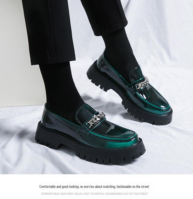 2024 Men's Shiny Patent Leather Loafers with Thick Sole and Height-Boosting Chunky Heel