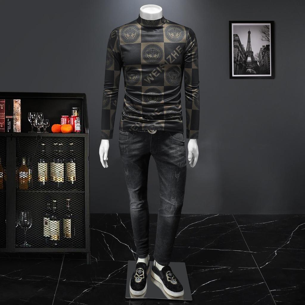 Autumn Men's Plaid Round Neck Hoodie, Casual Luxury Print Design, Versatile Fashion Layer