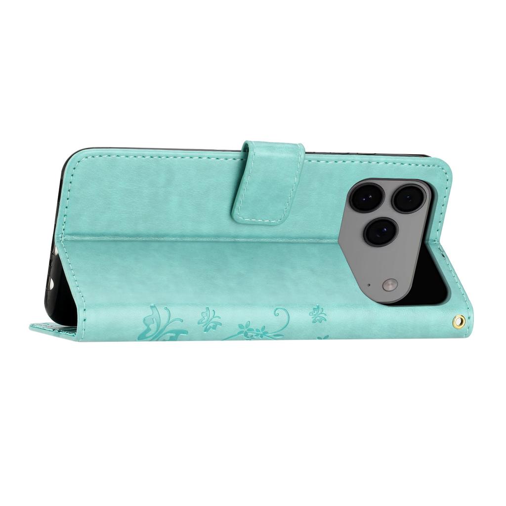For iPhone 17 Pro Max Leather Wallet Case Butterfly Flower Imprinted Phone Cover with Strap