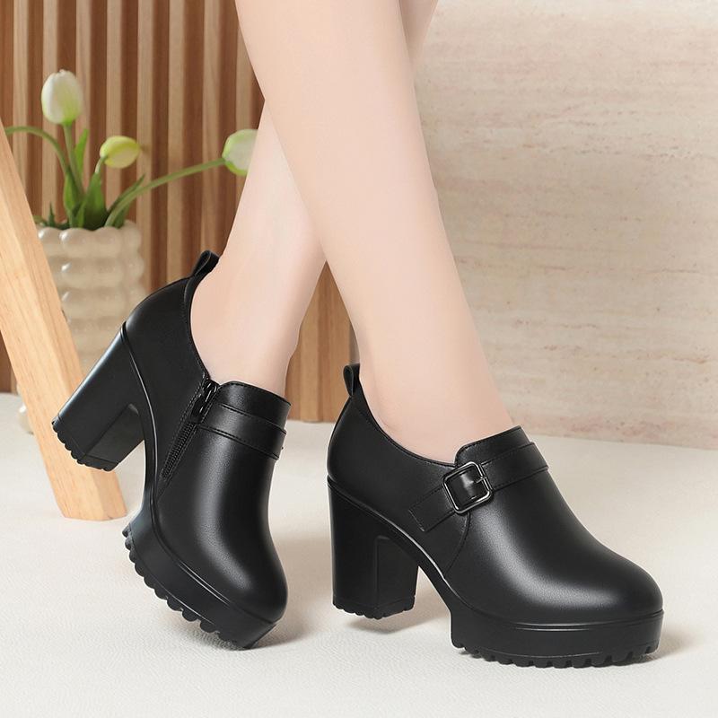 6cm 8cm Fashion Breathable Comfortable Soft Leather Shoes Woman Block Heels  Fall Thick Platform Shoes for Office Work Mom