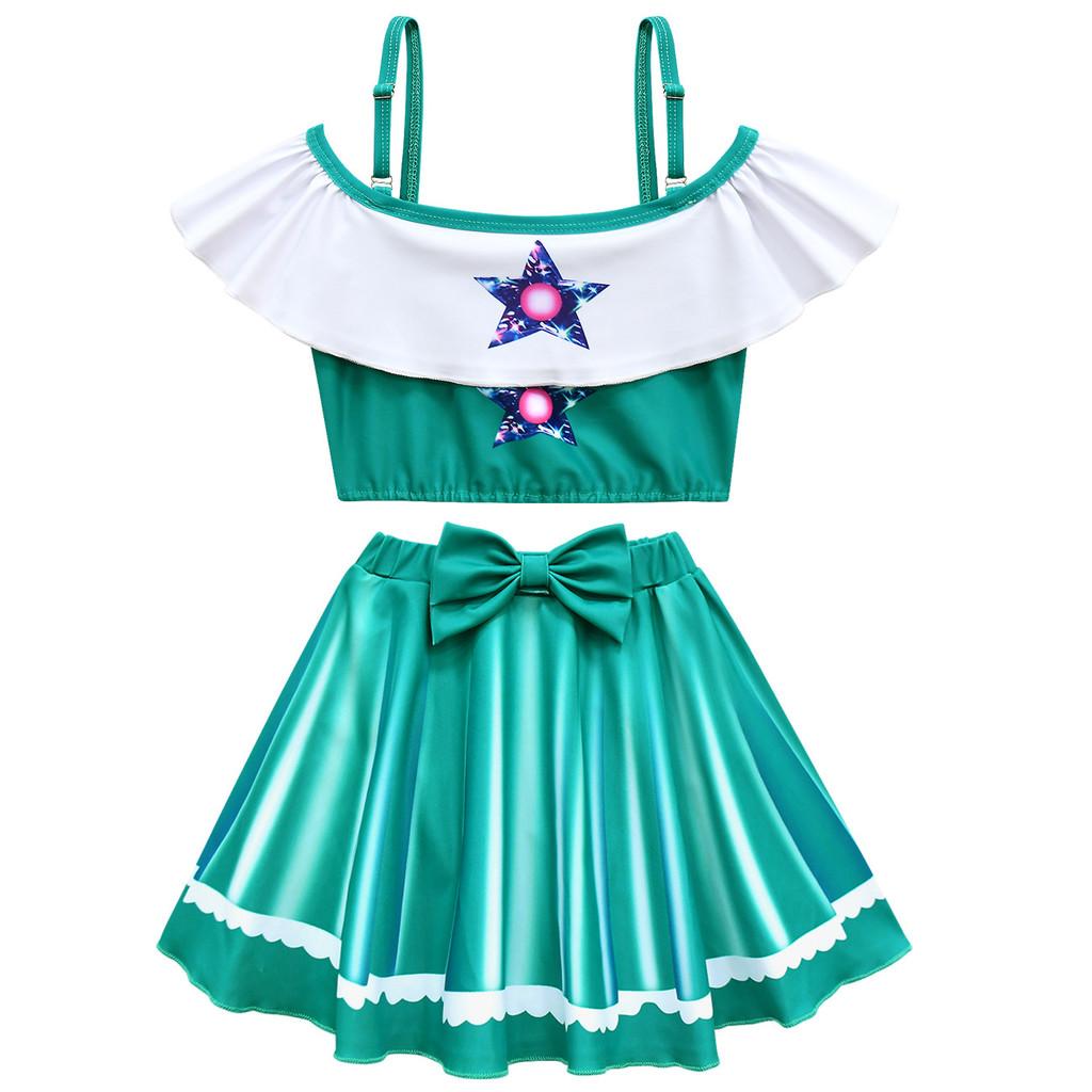 

20844 Kids Girls Princess Rosalina Print Strappy Sleeveless Swimsuit Swimwear Top Skirt Sets 100cm зелёный