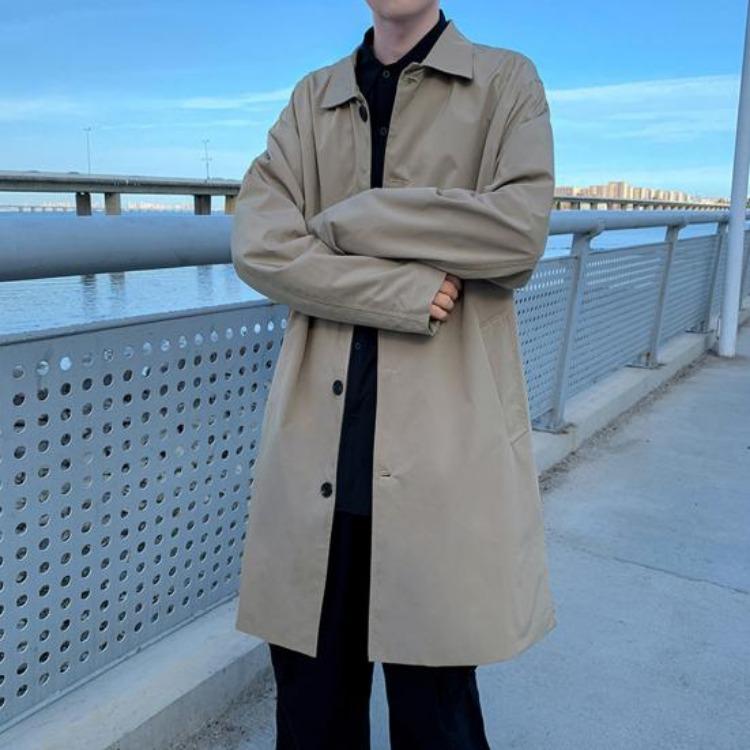 Men Double Breasted Windbreaker Coat Long Sleeve Lapel Solid Color Loose Fit Casual Mid Length Trench Coat with Pockets