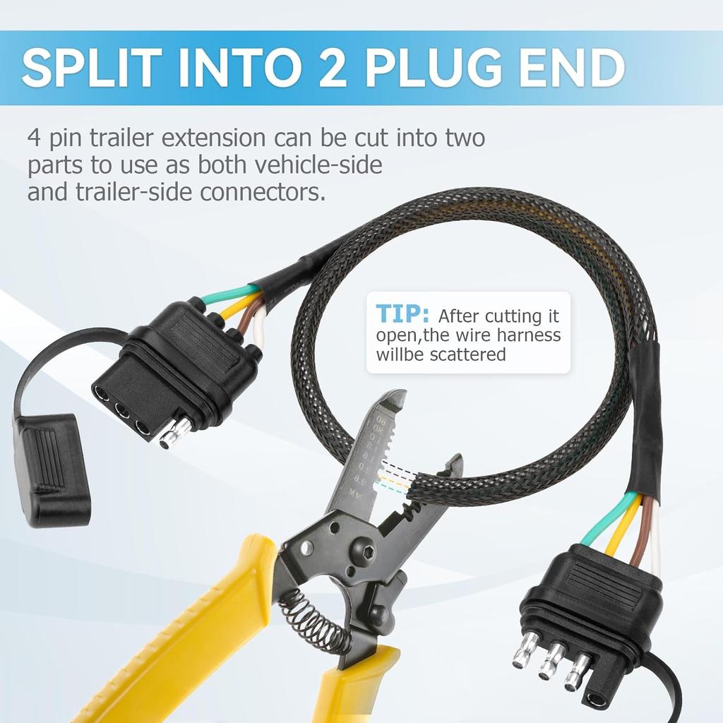 4 Pin Trailer Wire Extension, 24 Inch, 4 Way Flat Trailer Light Plug Connector With Dust Cover, 18AWG Pure Copper Wiring Harness Extender With Loom
