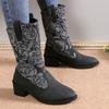 Large Size Retro Printed Women's Boots, Autumn and Winter New Fashionable Splicing Thick Heel Knight Boots Fashion Boots
