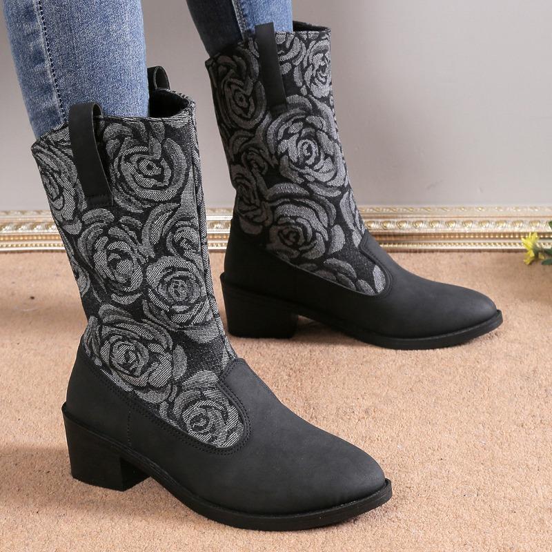 Large Size Retro Printed Women's Boots, Autumn and Winter New Fashionable Splicing Thick Heel Knight Boots Fashion Boots
