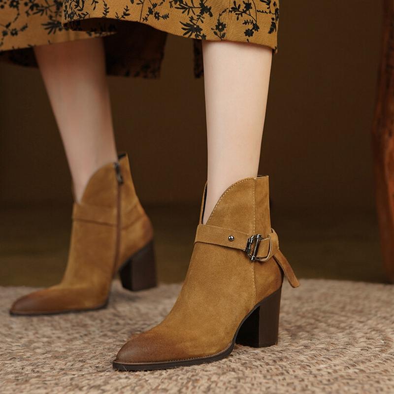 Fashion NEW Autumn Women Boots Pointed Toe Chunky Shoes Women Cow Suede Black Shoes Women Concise Western Boots Cowboy Boots for Women