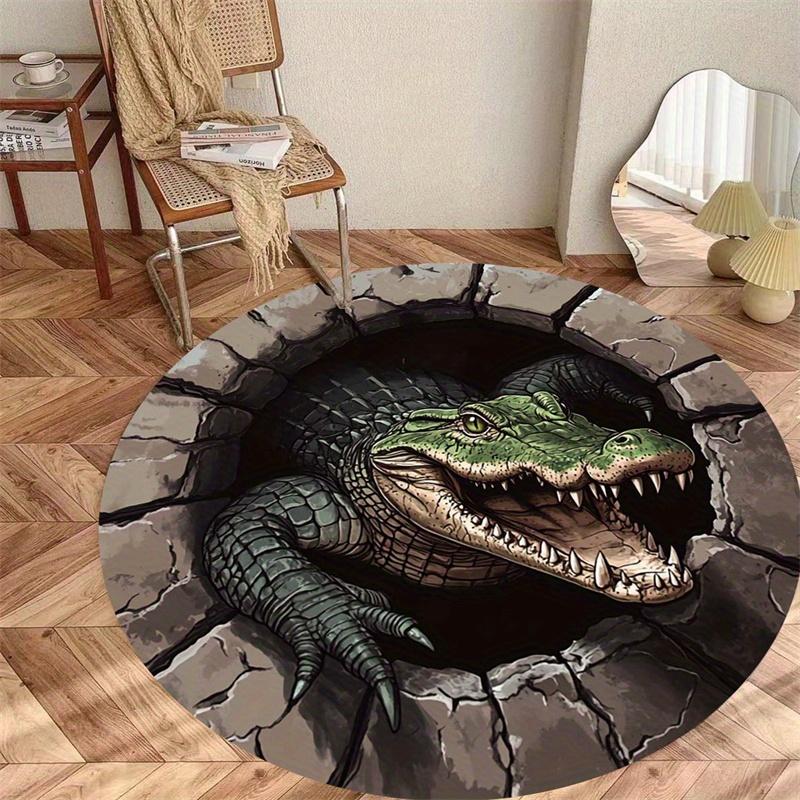

A Round Carpet Featuring a Fierce Alligator Pattern Breaking Through a Wall, Made of Luxurious 800G/M2 Crystal Velvet, Washable 60cm-dia.