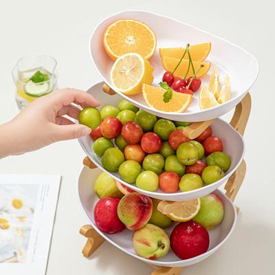 Multi Layer Fruit Basket with Bamboo Stand, Plastic Tiered Snack Tower for Candy Nuts, Space Saving Kitchen Counter Organizer for Living Room