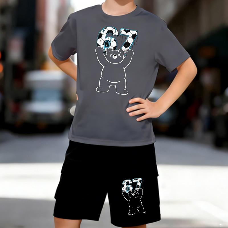 Boys 2 Piece Football themed print Outfit, Short Sleeve T-Shirt and Shorts Set for Kids Age 5-14,Black and White Sporty Casual Summer Clothes