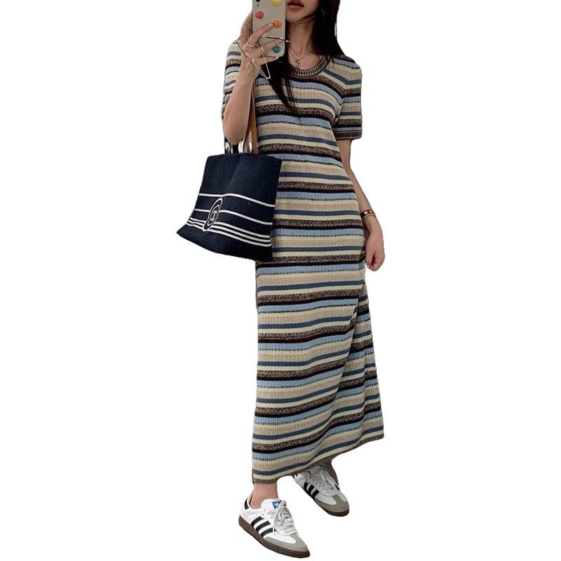 Summer 2026 Korean Chic Striped Knit Maternity Maxi Dress