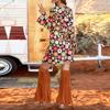 Women's V-Neck Long Sleeved Dress With Casual Floral Print Flared Sleeve Skirt