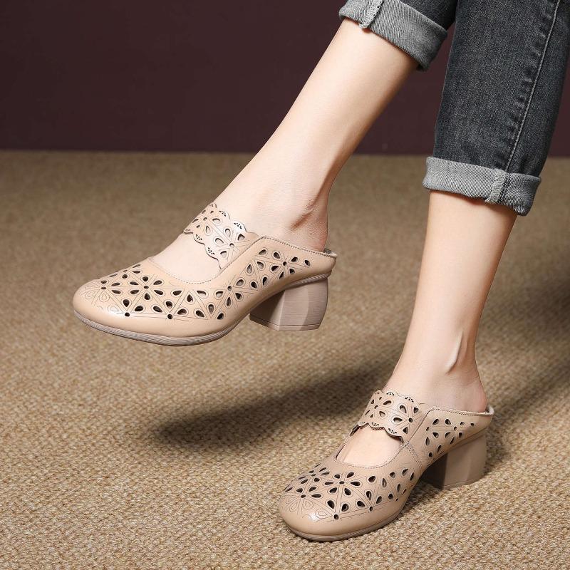 New summer first-layer cowhide cool slippers women's slippers wear fashionable and versatile retro bag head slippers