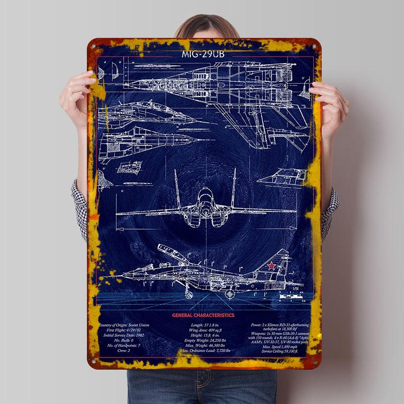 

Mig 29 Blueprint Tin Plaque Poster Customized Wall Art Retro Vintage Metal Signs for Man Cave Coffee Bar Accessories House Decor 7.9x11.8In(20x30cm)