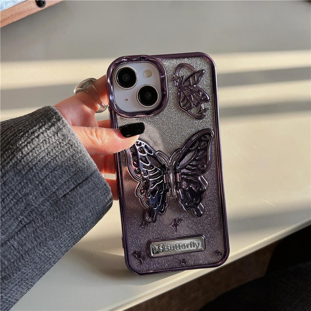 Luxury Plating 3D Butterfly Glitter Powder Phone Case for iPhone 15 14 13 12 11 Pro Max 15 Pro Stand Holder Soft TPU Case Cover