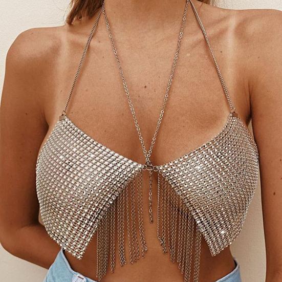 Boyundan Bağlamalı Rhinestone Sütyenler Seksi Kadın Çoklu Zincir Tipi Sütyenler Düğün Gecesi İçin Takı