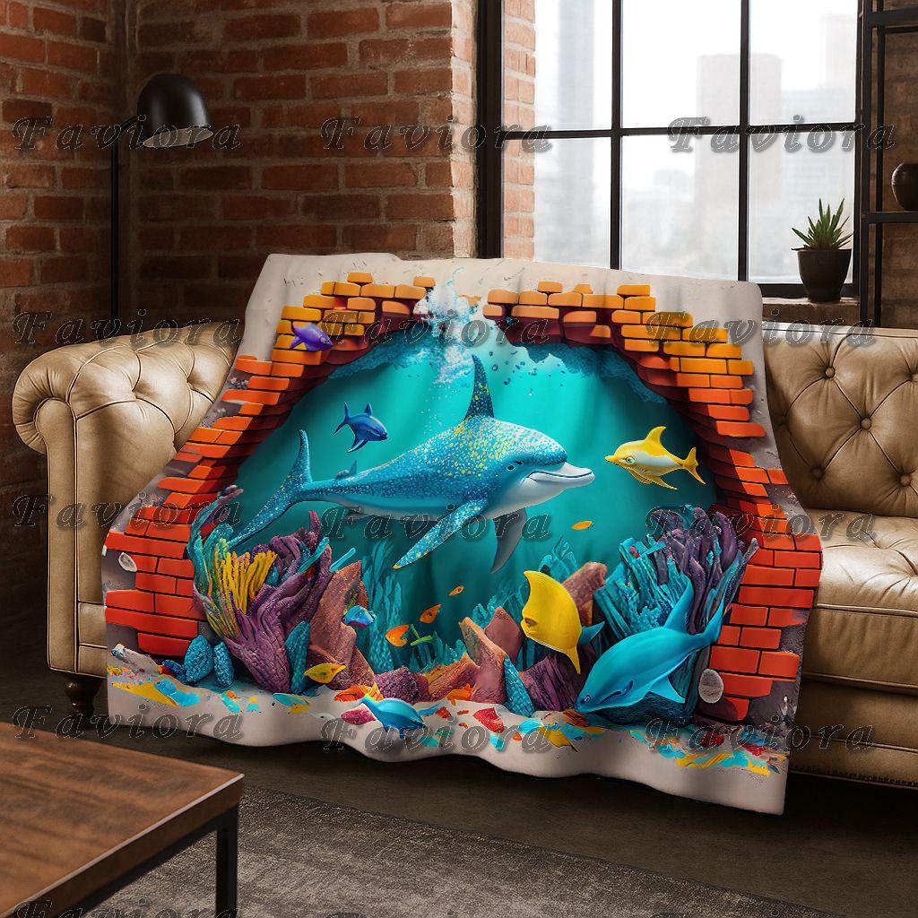 26 Style 3D Illusion Sea Underwater World Dolphin Flannel Blanket,Cozy Soft Throw Blanket for Home Bedroom Bed Sofa Cover Gift